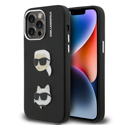 Apple iPhone 14 Pro Max Kılıf Karl Lagerfeld Orjinal Lisanslı K&C Heads Pin Kapak Siyah