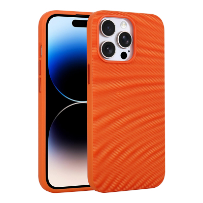Apple iPhone 14 Pro Max Kılıf M-Safe Şarj Özellikli Kumaş Tasarımlı Zore Miami Sert PC Kapak Turuncu