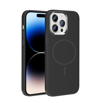 Apple iPhone 14 Pro Max Kılıf M-Safe Şarj Özellikli Metal Kamera Çerçeveli Zore Edi Silikon Kapak Siyah