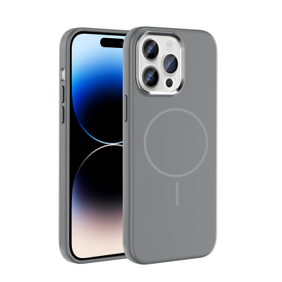 Apple iPhone 14 Pro Max Kılıf M-Safe Şarj Özellikli Metal Kamera Çerçeveli Zore Edi Silikon Kapak Gri