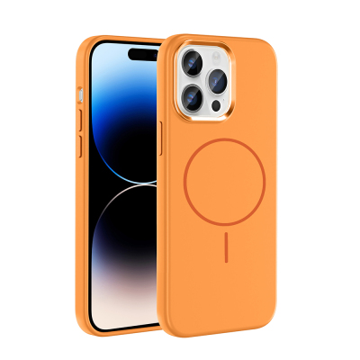 Apple iPhone 14 Pro Max Kılıf M-Safe Şarj Özellikli Metal Kamera Çerçeveli Zore Edi Silikon Kapak Turuncu