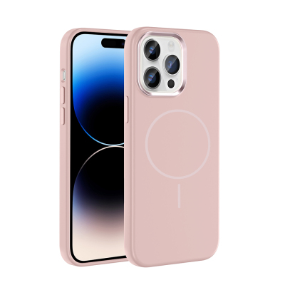 Apple iPhone 14 Pro Max Kılıf M-Safe Şarj Özellikli Metal Kamera Çerçeveli Zore Edi Silikon Kapak Rose Gold