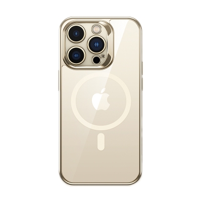 Apple iPhone 14 Pro Max Kılıf Magsafe Şarj Özellikli Cam Yüzey Ekran Koruyuculu Benks Electroplated Kapak Gold