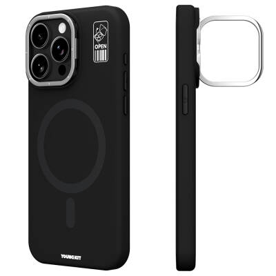 Apple iPhone 14 Pro Max Kılıf Magsafe Şarj Özellikli Kamera Standlı Silikon Youngkit Bitty Cream Kapak Siyah