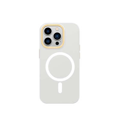 Apple iPhone 14 Pro Max Kılıf Magsafe Şarj Özellikli Metal Kamera Çerçeveli Recci Glaze Serisi Kapak Beyaz
