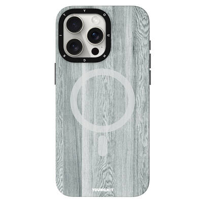 Apple iPhone 14 Pro Max Kılıf Magsafe Şarj Özellikli Sararmaya Dayanıklı Youngkit Wood Forest Serisi Kapak Gri