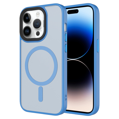 Apple iPhone 14 Pro Max Kılıf Mat Arka Yüzey Wireless Şarj Özellikli Zore Flet M-safe Kapak Açık Mavi