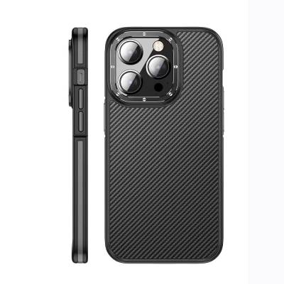 Apple iPhone 14 Pro Max Kılıf Mat Transparan Karbon Fiber Görünümlü Wlons Marin Kapak Siyah