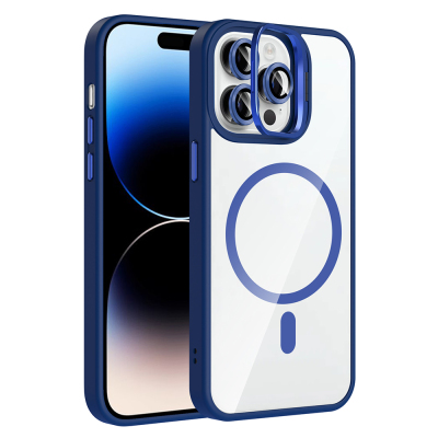 Apple iPhone 14 Pro Max Kılıf Standlı ve Kamera Lens Hediyeli M-Safe Şarj Özellikli Zore Etro Kapak Lacivert