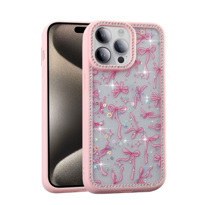 Apple iPhone 14 Pro Max Kılıf Taşlı ve Simli Tasarım Zore Azra Kapak Pembe