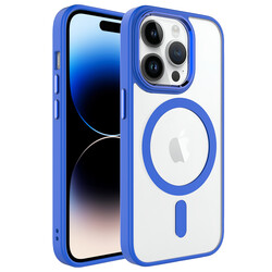 Apple iPhone 14 Pro Max Kılıf Wireless Şarj Özellikli Zore Krom Magsafe Silikon Kapak Mavi