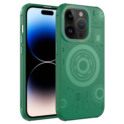 Apple iPhone 14 Pro Max Kılıf Zore Wireless Şarj Özellikli Desenli Hot Kapak Koyu Yeşil