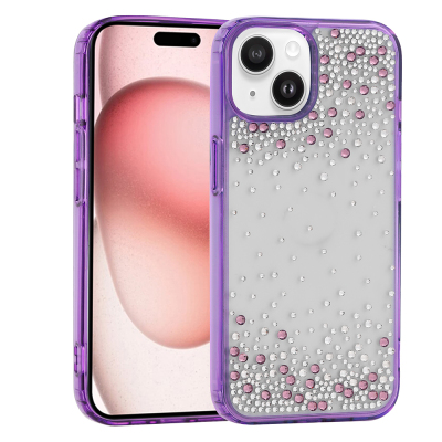 Apple iPhone 15 Case Airbag Design Droplet Rhinestone Transparent Zore Pera Silicone Cover Purple