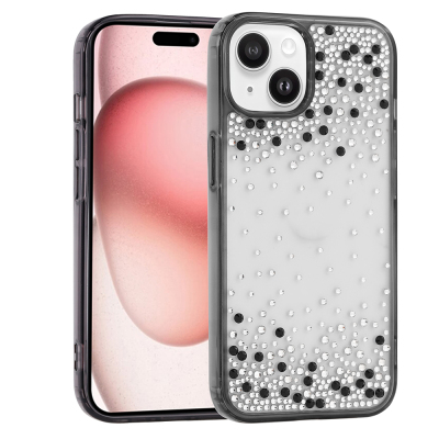 Apple iPhone 15 Case Airbag Design Droplet Rhinestone Transparent Zore Pera Silicone Cover Black