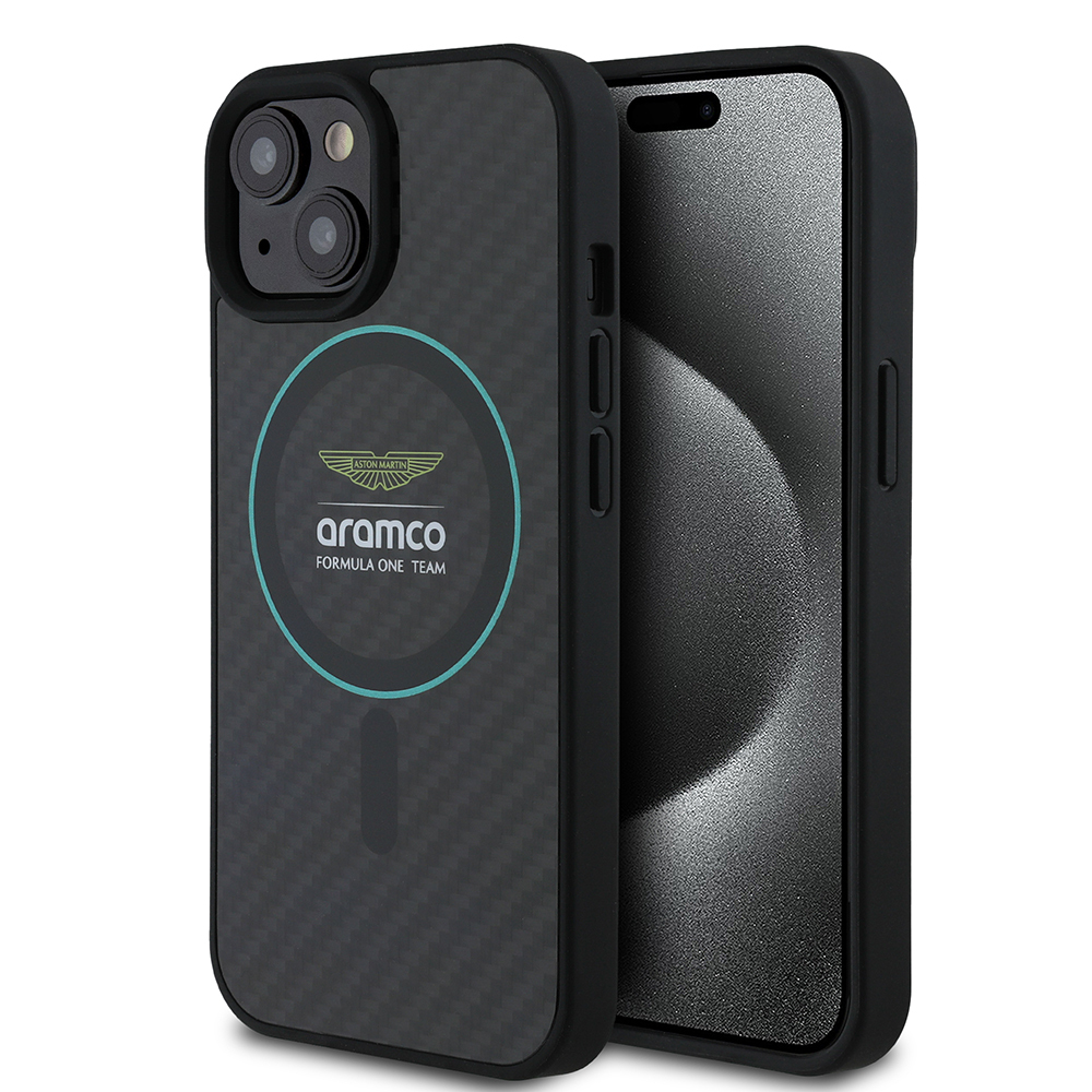 Apple iPhone 15 Case Aston Martin Original Licensed M-safe Charging Feature Colorful Ring and Carbon Fiber Design Cover - 2