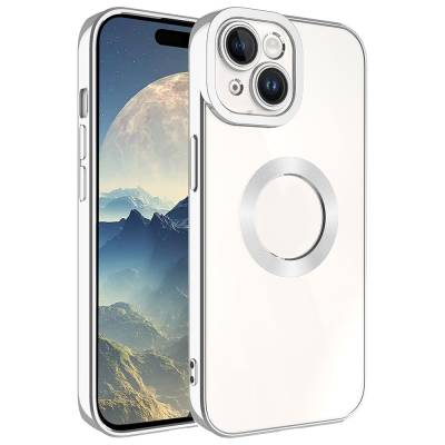 Apple iPhone 15 Case Camera Protection Zore Omega Cover Showing Logo Silver