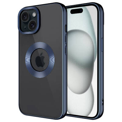 Apple iPhone 15 Case Camera Protection Zore Omega Cover Showing Logo Navy blue