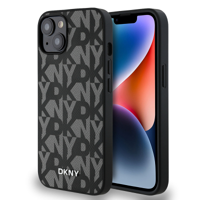 Apple iPhone 15 Case DKNY Original Licensed Magsafe Charging Feature 3D Written Grid Pattern Cover Grey