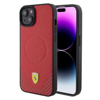 Apple iPhone 15 Case Ferrari Original Licensed PU Carbon Metal Logo Magsafe Charge Feature Cover Red