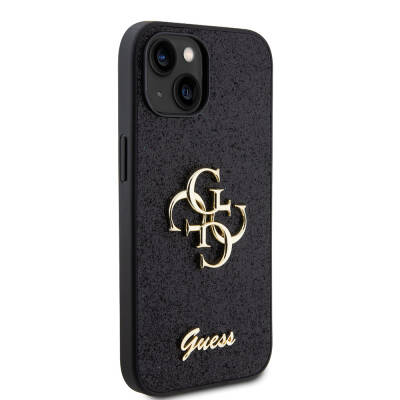 Apple iPhone 15 Case Guess Original Licensed 4G Glitter Cover with Large Metal Logo Black