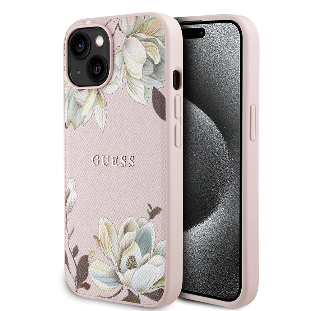 Apple iPhone 15 Case Guess Original Licensed M-safe Charging Feature Grained Flower Design Metal Text Logo Cover - 2