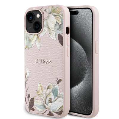 Apple iPhone 15 Case Guess Original Licensed M-safe Charging Feature Grained Flower Design Metal Text Logo Cover Pink