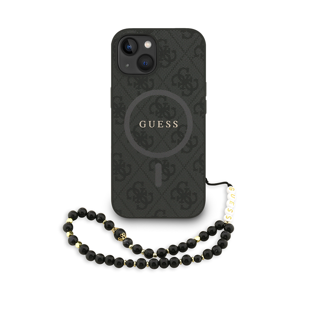 Apple iPhone 15 Case Guess Original Licensed M-safe Charging Feature PU Leather Wrist Strap Rope Cover Text Logo - 2