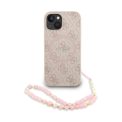 Apple iPhone 15 Case Guess Original Licensed M-safe Charging Feature PU Leather Wrist Strap Rope Cover Text Logo Pink