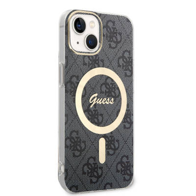 Apple iPhone 15 Case Guess Original Licensed Magsafe Charging Feature 4G Patterned Cover with Text Logo Black