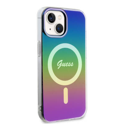 Apple iPhone 15 Case Guess Original Licensed Magsafe Charging Feature Iridescent Cover with Text Logo Black