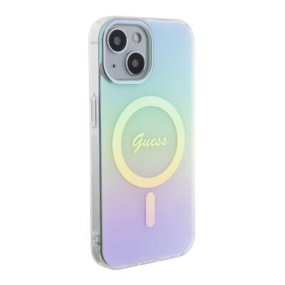 Apple iPhone 15 Case Guess Original Licensed Magsafe Charging Feature Iridescent Cover with Text Logo Turquoise