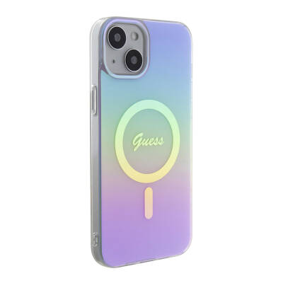 Apple iPhone 15 Case Guess Original Licensed Magsafe Charging Feature Iridescent Cover with Text Logo Purple