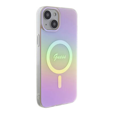 Apple iPhone 15 Case Guess Original Licensed Magsafe Charging Feature Iridescent Cover with Text Logo Pink