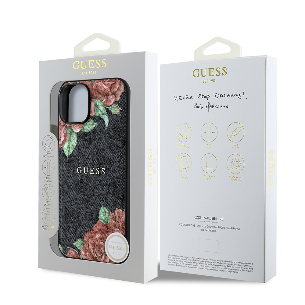 Apple iPhone 15 Case Guess Original Licensed Magsafe Charging Feature Rose Printed 4G Patterned Text Logo Cover - 9