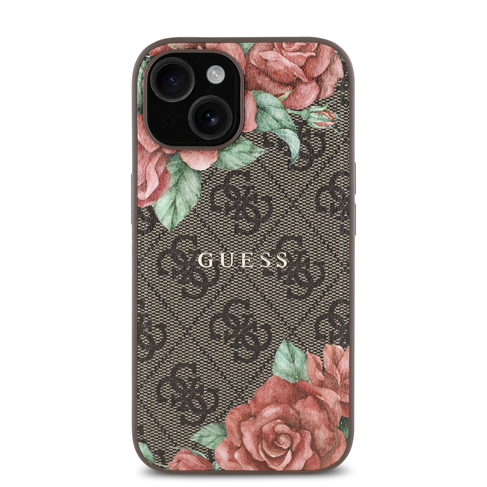 Apple iPhone 15 Case Guess Original Licensed Magsafe Charging Feature Rose Printed 4G Patterned Text Logo Cover - 12