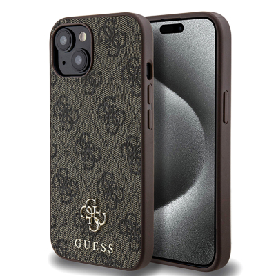 Apple iPhone 15 Case Guess Original Licensed Magsafe Charging Feature Small 4G Classic Cover Brown