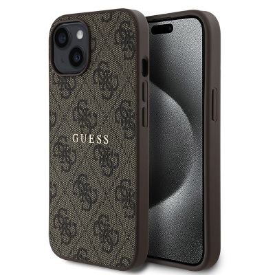 Apple iPhone 15 Case Guess Original Licensed Magsafe Charging Featured 4G Pattern Text Logo Cover Brown