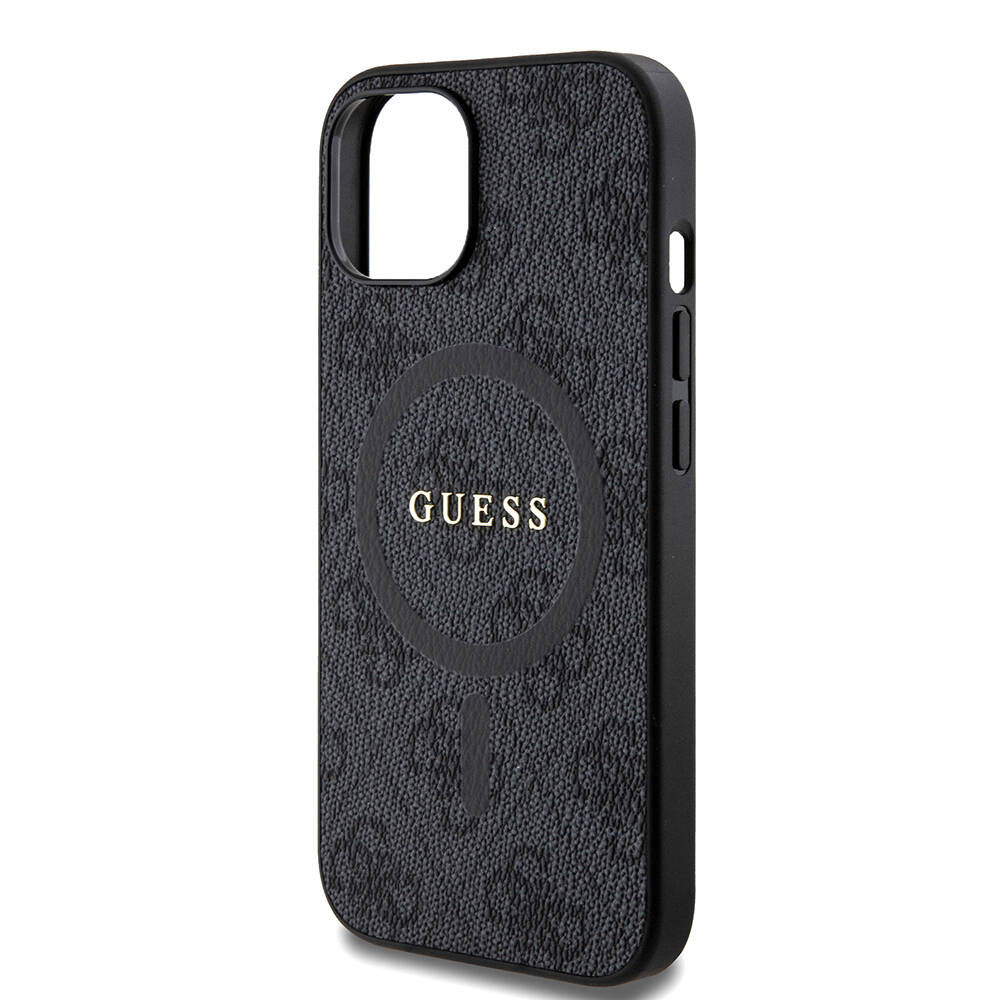 Apple iPhone 15 Case Guess Original Licensed Magsafe Charging Featured PU Ring 4G Patterned Text Logo Cover - 5