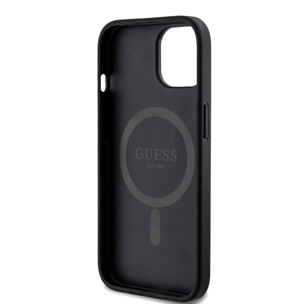 Apple iPhone 15 Case Guess Original Licensed Magsafe Charging Featured PU Ring 4G Patterned Text Logo Cover - 6