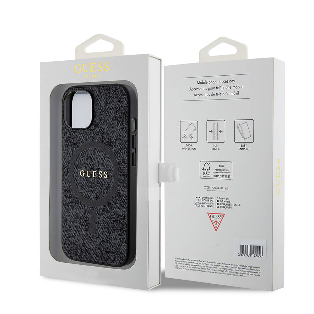 Apple iPhone 15 Case Guess Original Licensed Magsafe Charging Featured PU Ring 4G Patterned Text Logo Cover - 7