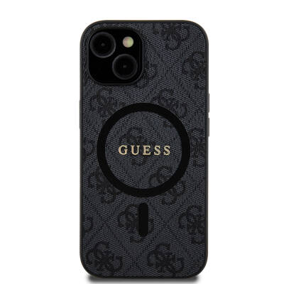 Apple iPhone 15 Case Guess Original Licensed Magsafe Charging Featured PU Ring 4G Patterned Text Logo Cover Black