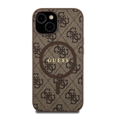 Apple iPhone 15 Case Guess Original Licensed Magsafe Charging Featured PU Ring 4G Patterned Text Logo Cover Brown