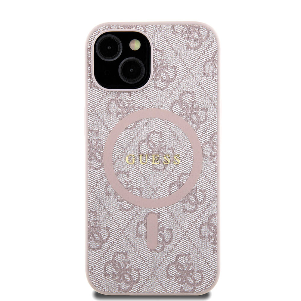 Apple iPhone 15 Case Guess Original Licensed Magsafe Charging Featured PU Ring 4G Patterned Text Logo Cover - 24