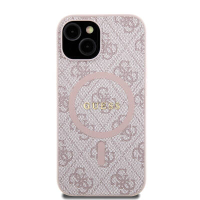 Apple iPhone 15 Case Guess Original Licensed Magsafe Charging Featured PU Ring 4G Patterned Text Logo Cover Pink