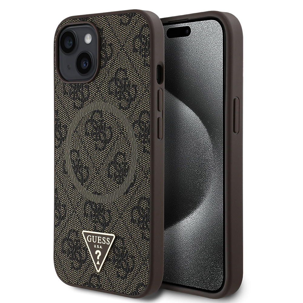 Apple iPhone 15 Case Guess Original Licensed Magsafe Charging Featured PU Triangle Logo 4G Patterned Cover - 1