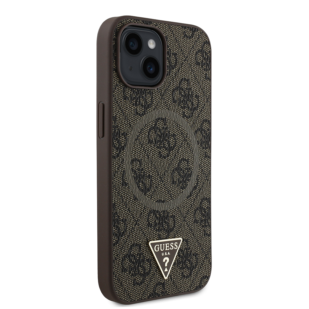 Apple iPhone 15 Case Guess Original Licensed Magsafe Charging Featured PU Triangle Logo 4G Patterned Cover - 5