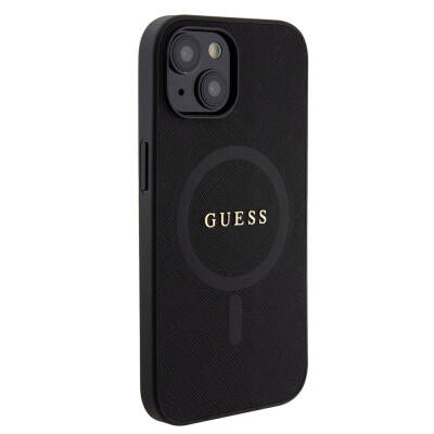 Apple iPhone 15 Case Guess Original Licensed Magsafe Charging Featured Saffiano Cover with Text Logo Black