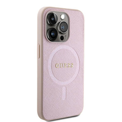 Apple iPhone 15 Case Guess Original Licensed Magsafe Charging Featured Saffiano Cover with Text Logo Pink