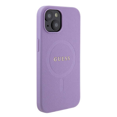 Apple iPhone 15 Case Guess Original Licensed Magsafe Charging Featured Saffiano Cover with Text Logo Purple