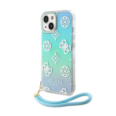 Apple iPhone 15 Case Guess Original Licensed Patterned Text Logo Holographic Glitter Peony Cover with Strap String Turquoise